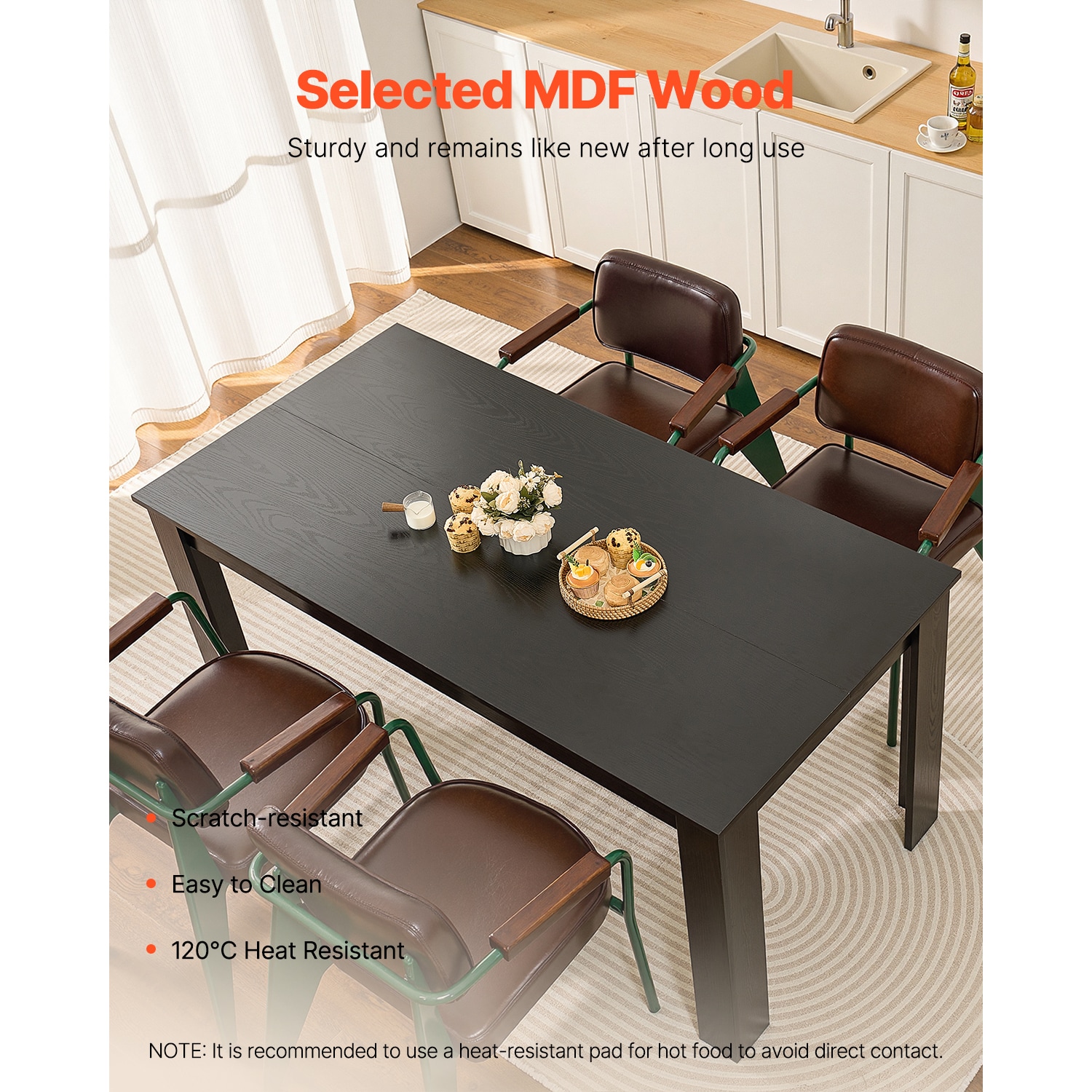 63in Rectangle Dining Table Wood Kitchen Table For 4-6 Person Black (Only Table)_voghion.com
